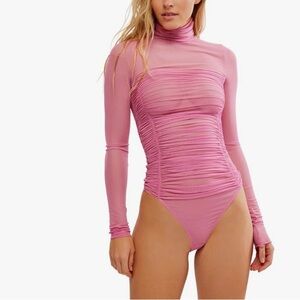 NEW Free People Ruched Mesh Bodysuit Turtleneck Size Small Pink Scrunch NWT